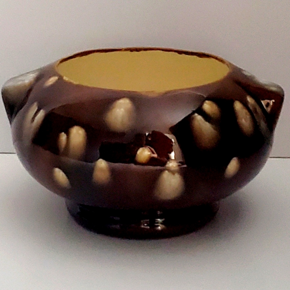 VTG Artisan Pottery Planter Cream Spotted Pattern & Chocolate Brown Glossy Glaze
